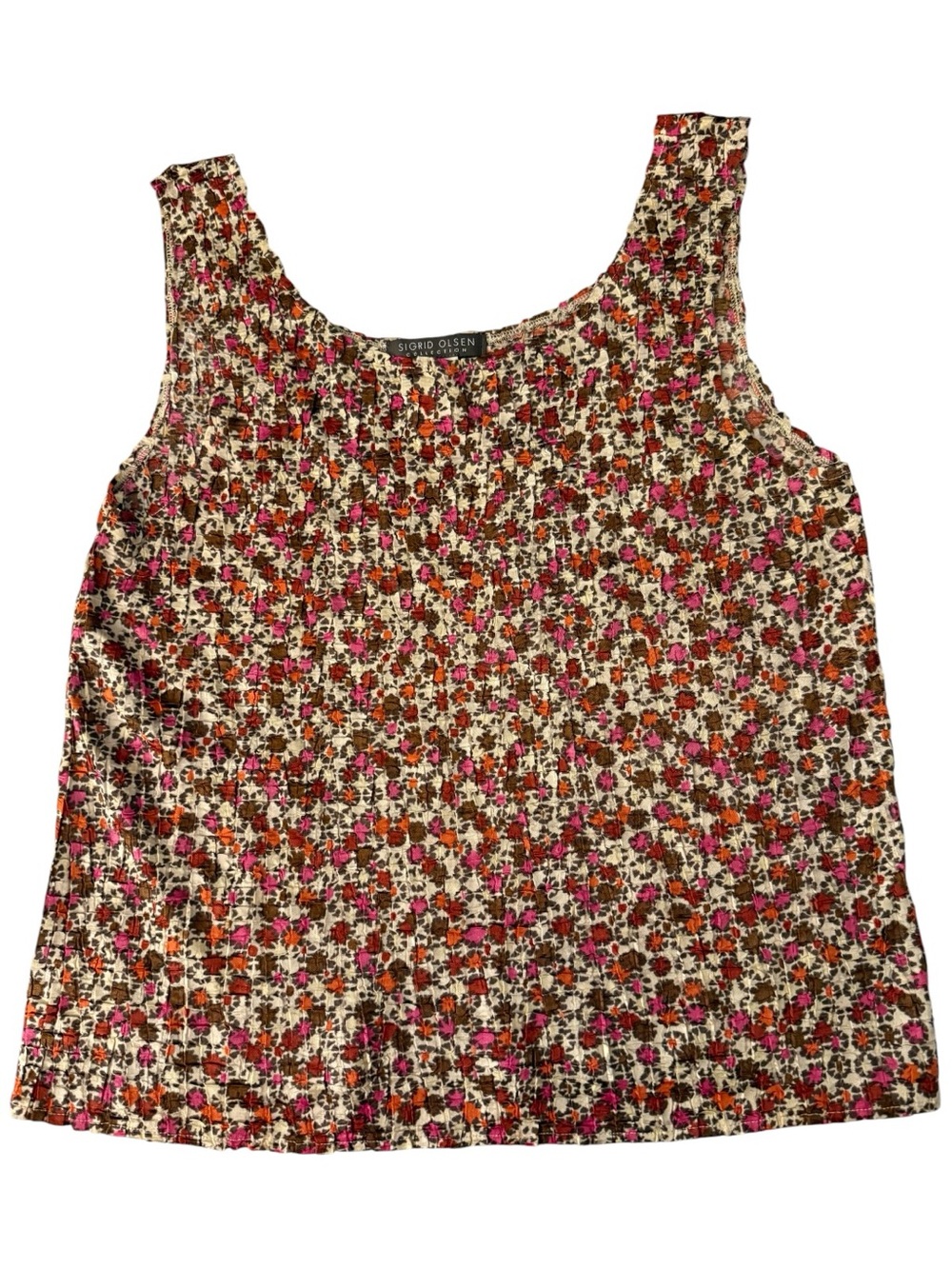 Sigrid Olsen Cream Tank Top with Pink and Brown Floral Print Size Large